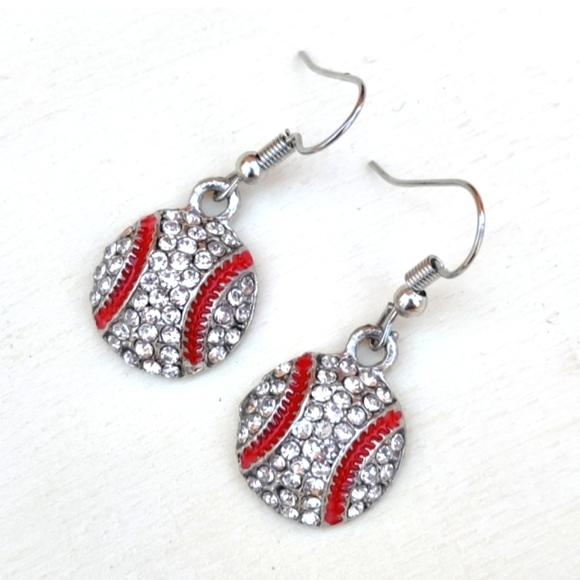 NEW! SPARKLING Rhinestone BASEBALL Dangle Earrings - CHARMING SPORT Perfect! - Picture 2 of 4